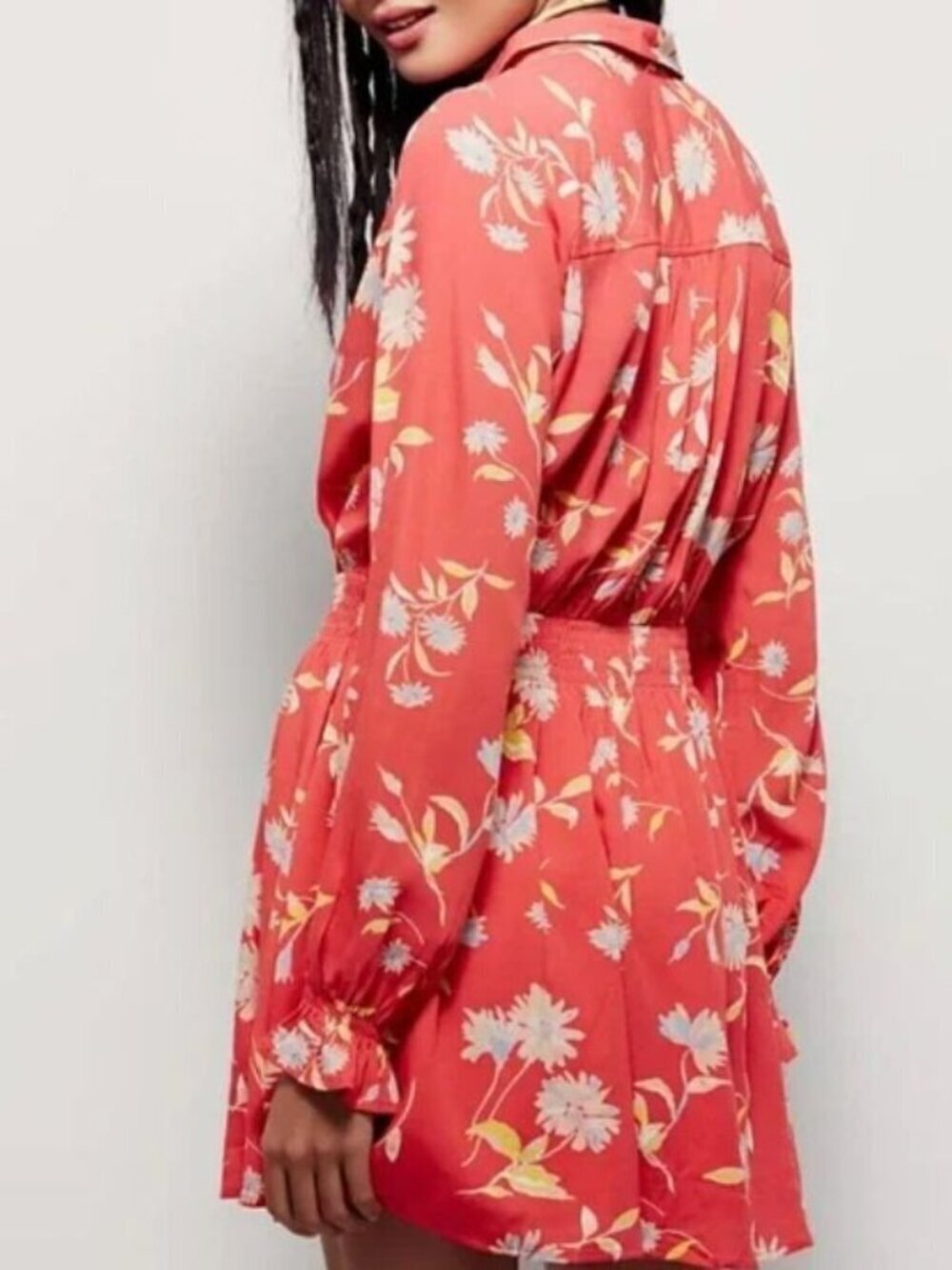 NWOT Free People Ruthie Mini Dress Size M Coral Floral Long Sleeve